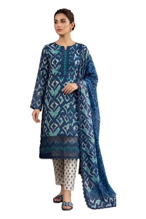 ETHNIC BLUE UNSTITCHED 3PC EMBROIDERED LAWN SUIT