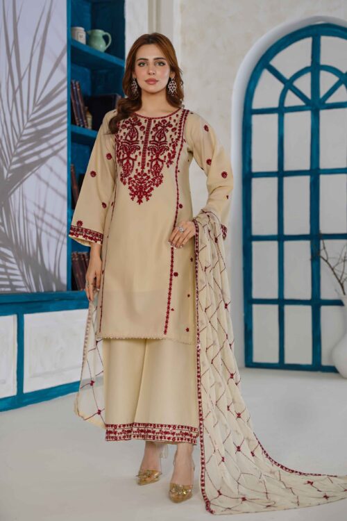 Creamy Garnet STITCHED 3PC EMBROIDERED LAWN SUIT