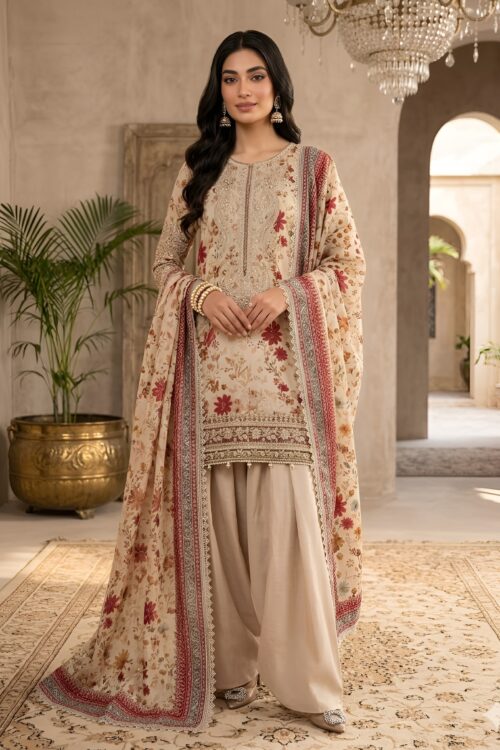 SALMON PEACH UNSTITCHED 3PC EMBROIDERED LAWN SUIT
