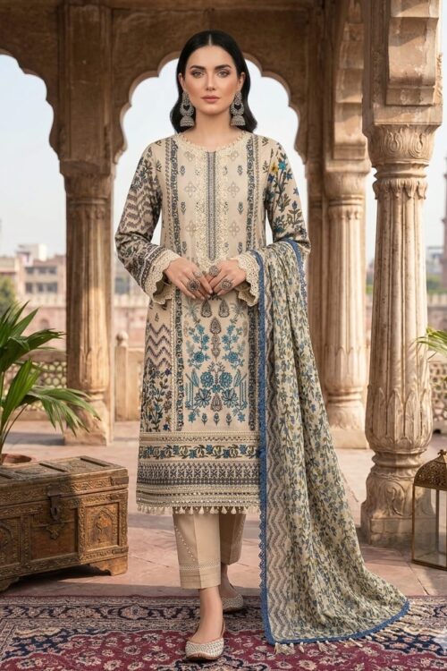 Peach Cream UNSTITCHED 3PC EMBROIDERED LAWN SUIT
